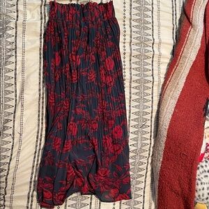 Dark Green Red Floral Midi Skirt